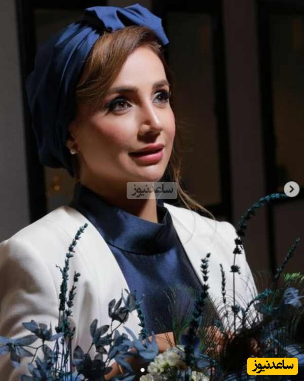 ایده سلطنتی پیراهن مجلسی به سبک شبنم قلی خانی با ترکیب رنگ عالی + عکس / چقدر خوب با گل های آبی و سرمه ای پس زمینه ست کرده