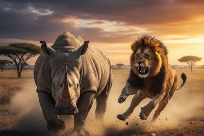 (ویدئو) مستند حیات‌وحش حیوانات؛ ماجرای امروز راز بقا: پایان تلخ غرور شیر نر؛ تقابل مرگبار با قلعه متحرک طبیعت، کرگدن