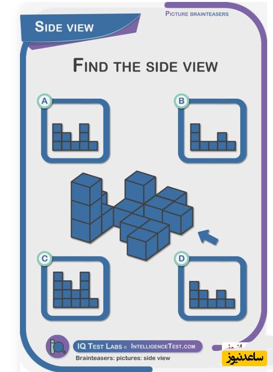چالش روزانه‌ی باهوش شو!/ فقط افرادی که ذهن جوان و سرزنده‌ای دارند میتونن زیر 5 ثانیه این بازی‌فکری رو حل کنند/ نمای  کناری تصویر زیر کدومه؟