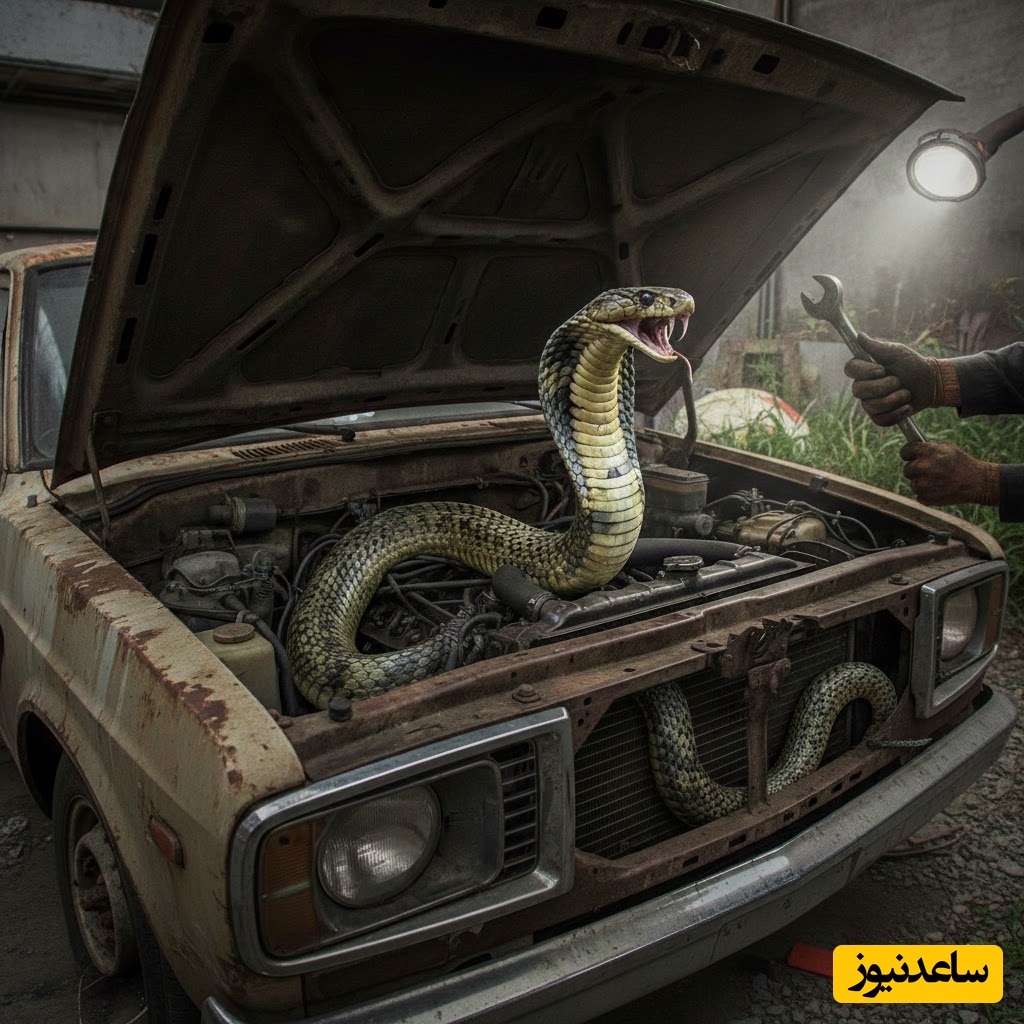 وحشت در کاپوت وانت! / پیدا شدن شاه‌کبرای 3 متری که زیر موتور خودرو جا خوش کرده بود +ویدیو