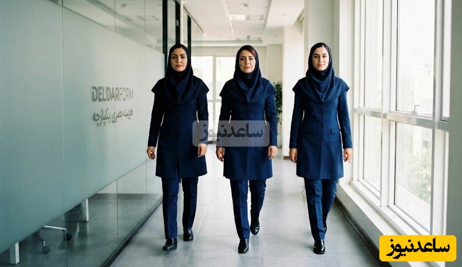 تیم بانوان کارمند ایرانی با لباس فرم یکدست و منظم در حال حرکت در راهروی شرکت؛ نماد انضباط سازمانی.