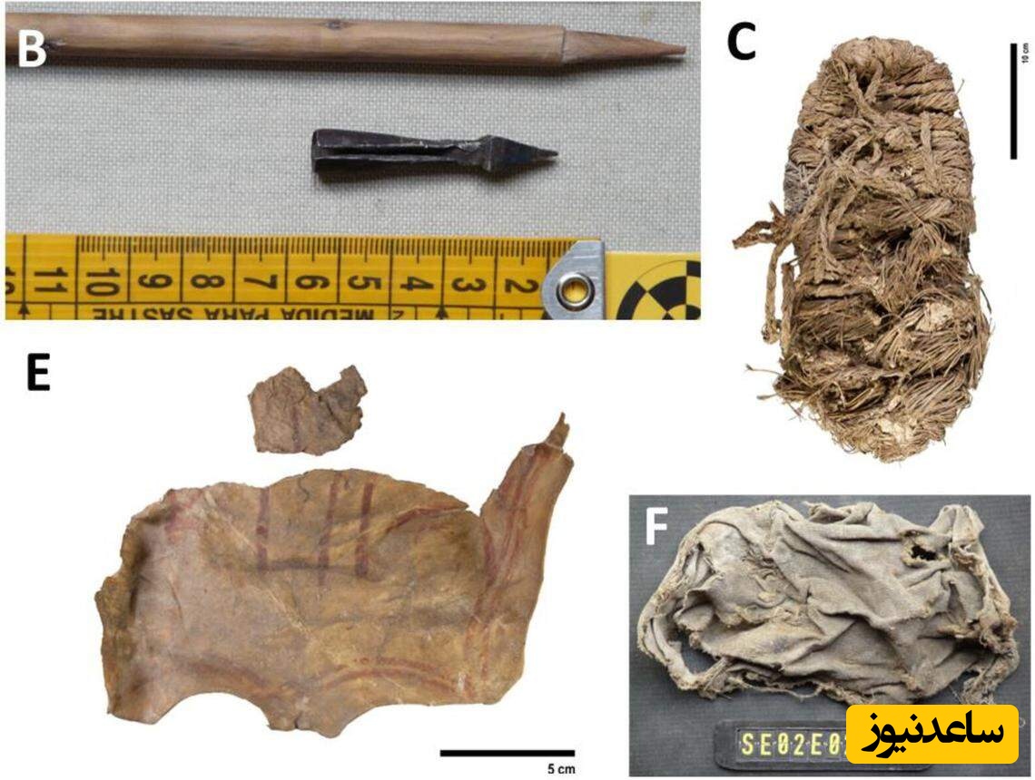 برخی از آثار انسانی یافت‌شده در لانه‌های کرکس ریشدار، از جمله یک تیرکمان‌دستی (B)، یک صندل علفی 650ساله (C)، قطعه چرمی تزیین‌شده‌ی 630ساله (E) و قطعه‌ی پارچه‌ای دیگر (F) 