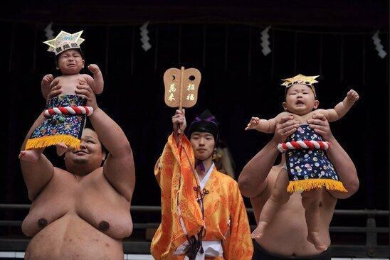 بغل کردن نوزادان ژاپنی از سوی کشتی گیران سنتی "سومو" در جریان رویداد ورزش سومو در شهر توکیو. ناکیزومو (گریه سومو) یک رویداد سنتی ژاپنی با قدمت 400 ساله به منظور دعا برای سلامتی و رشد نوزادان است که از افسانه ای ژاپنی نشات می گیرد که نوزادان با گریه نیروهای شیطانی و شرور را از خود دور می کنند./ گتی ایمجز