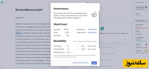 بخش performance در نرم افزار گرامرلی