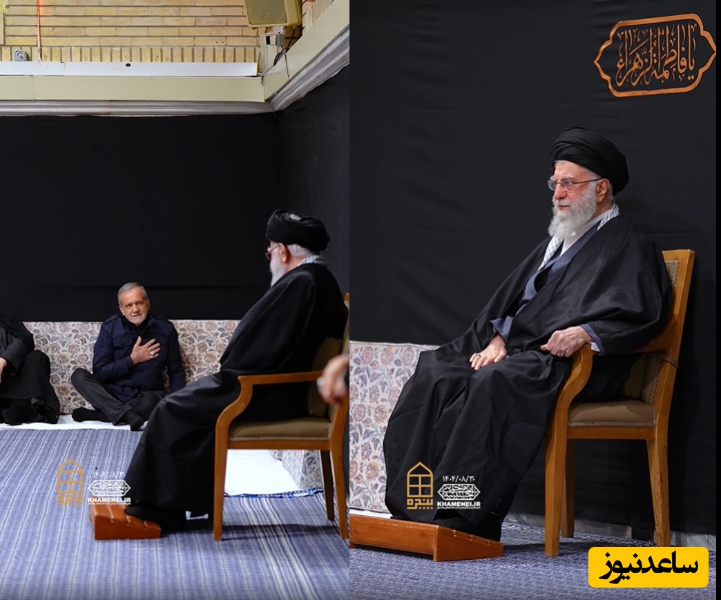 (فیلم) حضور معنادار و هم زمان رهبر انقلاب و پزشکیان در حسینیه بیت رهبری با شعار متفاوت حیدر حیدر جمعیت ...