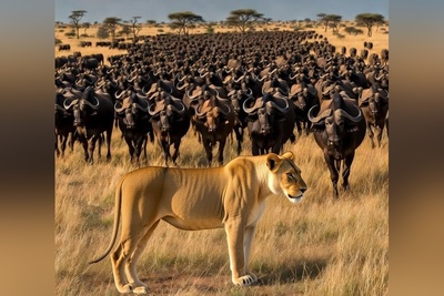 شیر ماده قدرتمند در برابر گله 2000 تایی بوفالوها! (ویدئو)