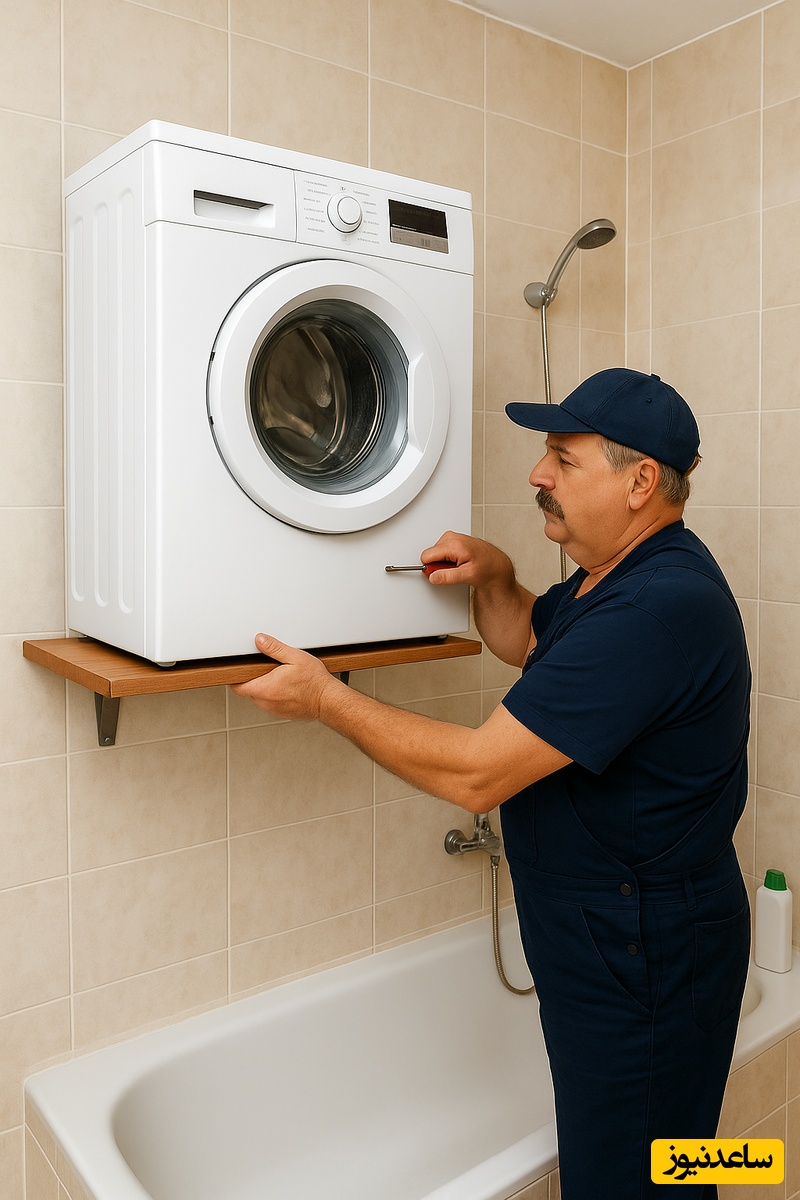 نوآوری در کار و کاسبی؛ ابتکار نصاب مغزمتفکر در نصب لباسشویی در حمام برای راحتی مشتری+ عکس/ مرد حسابی فاتحه این لباسشویی به یکسال نرسیده باید خونده بشه😂