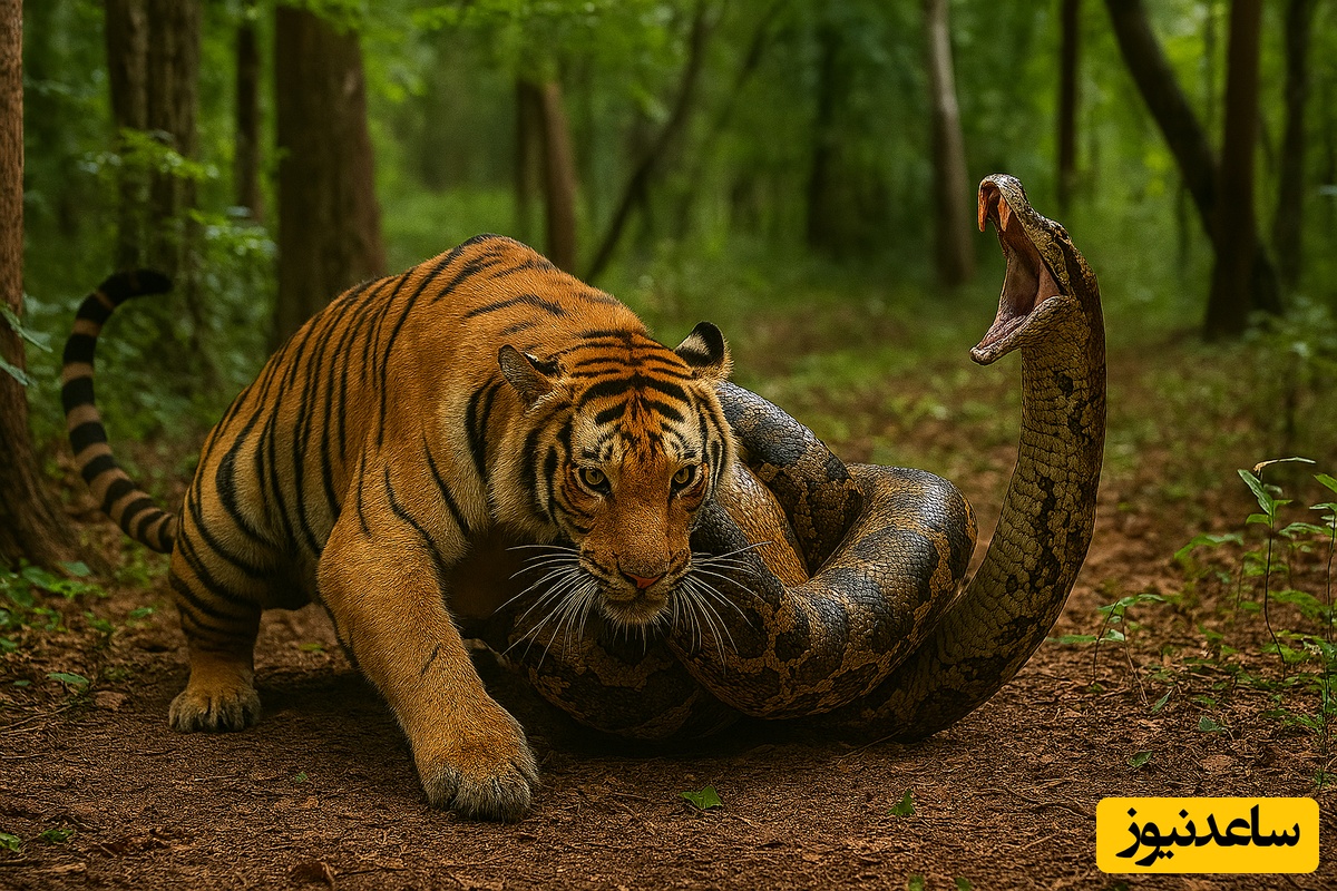 (ویدئو) لحظه‌ای که دنیا نفسش را حبس کرد؛ جدال مرگبار پادشاه جنگل "ببر" با یک مار بوآی غول‌پیکر؛ نتیجه باورنکردنی است!