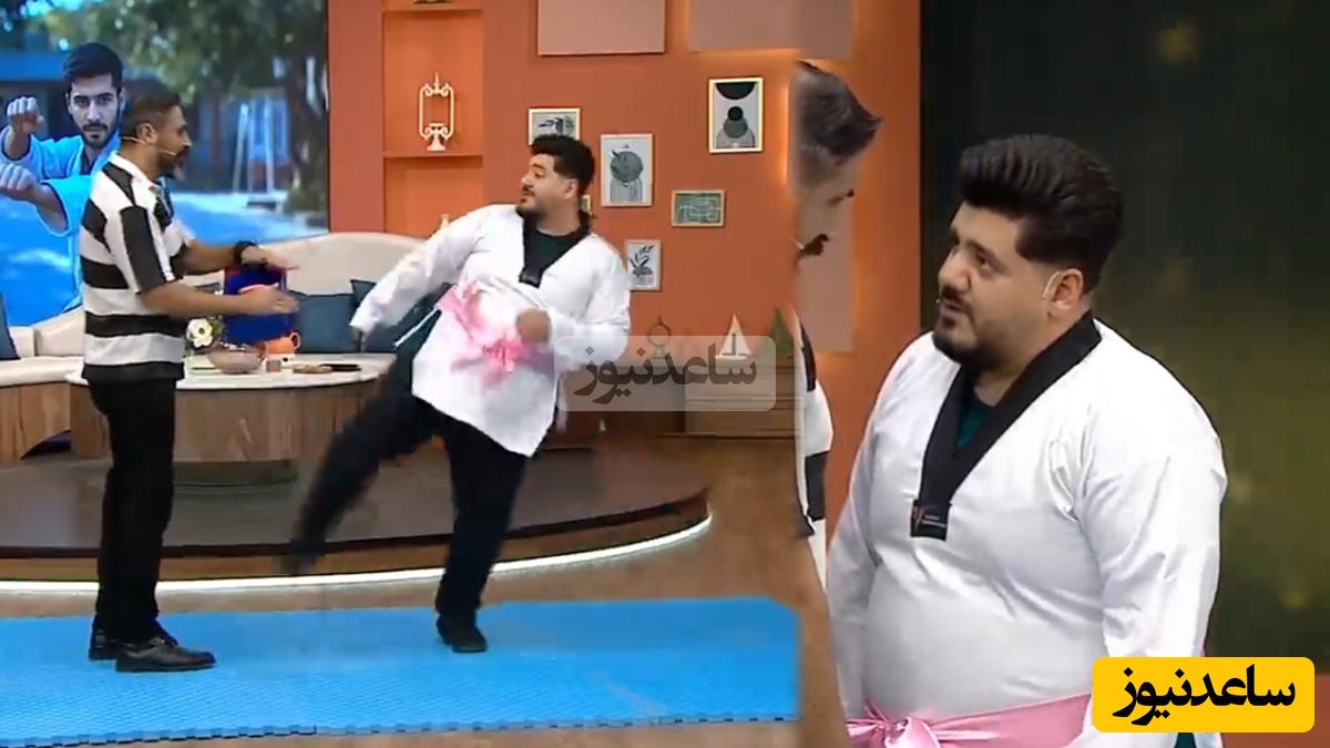 حرکات عجیب مجری پرسپولیسی روی آنتن زنده تلویزیون با کمربند صورتی / با این هیکل فیلیپینی هم میزنه!