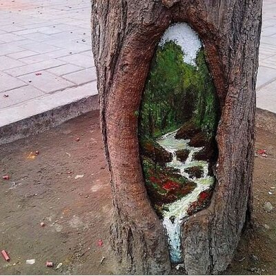 خلاقیت تحسین برانگیز و متفاوت شهرداری در کشیدن نقاشی های سه بعدی روی تنه درختان خشکیده +عکس/ از سنجاب تا راکون