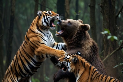 قانون جنگل؛ مستند حیات وحش/ حمله دو ببر تیزپا به خرس قهوه ای در وسط جنگل+فیلم