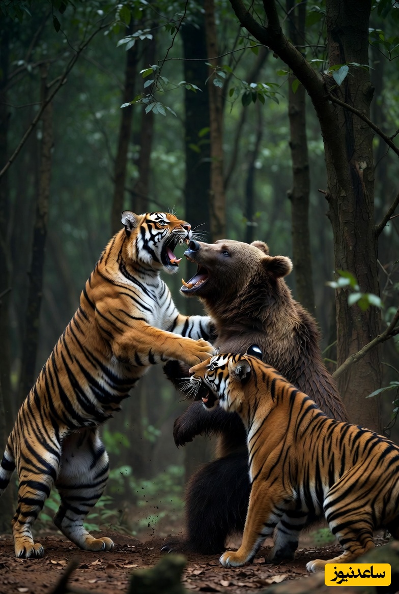 قانون جنگل؛ مستند حیات وحش/ حمله دو ببر تیزپا به خرس قهوه ای در وسط جنگل+فیلم