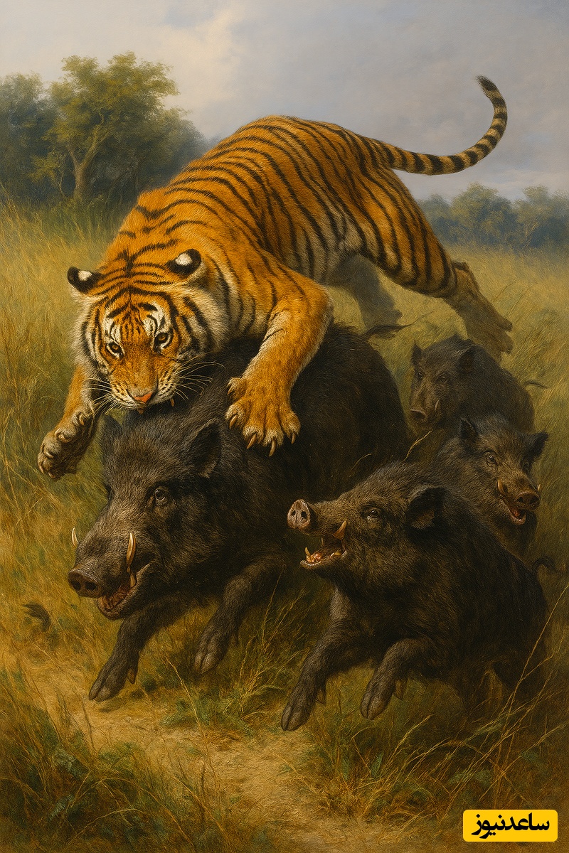 ویدئو| مستند حیات وحش؛ لحظه هیجان‌انگیز و نفس‌گیر حمله جسورانه ببر به گله گرازها