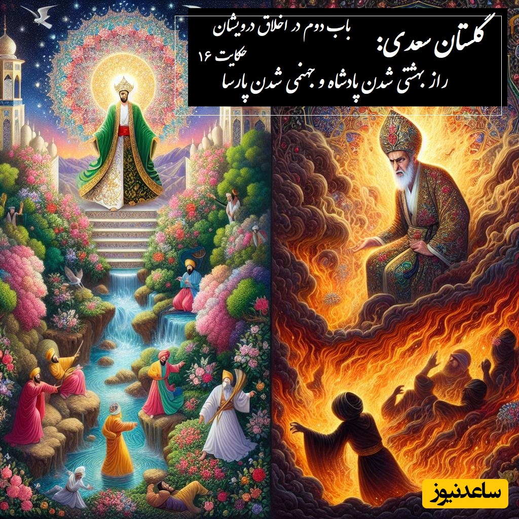پندهای گلستان سعدی: راز بهشتی شدن پادشاه و جهنمی شدن پارسا / باب دوم در اخلاق درویشان حکایت شماره 16 + فایل صوتی و نسخه‌های قدیمی