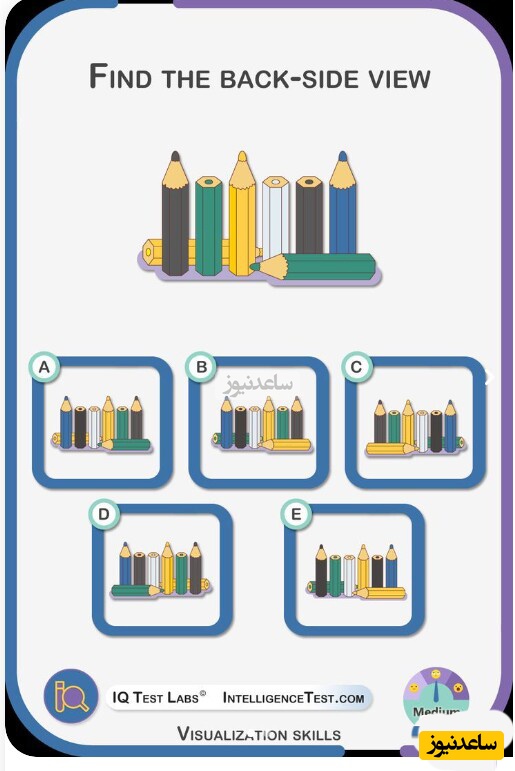 چالش روزانه‌ی باهوش شو!/ فقط افرادی با IQ بالای 100 میتوانند زیر 9 ثانیه این بازی فکری رو حل کنند/ نمای پشتی این تصویر کدام گزینه است؟