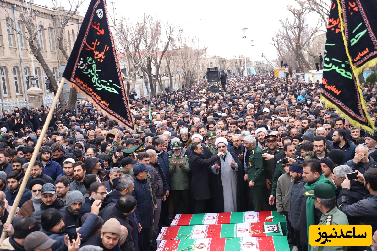 فیلم | بدرقه با شکوه پیکر شهدای حمله دشمن صهیونی - آمریکایی به آذربایجان شرقی در تبریز با یاد امام شهیدمان / پرچم آزادی ایران دست تبریزی‌هاست