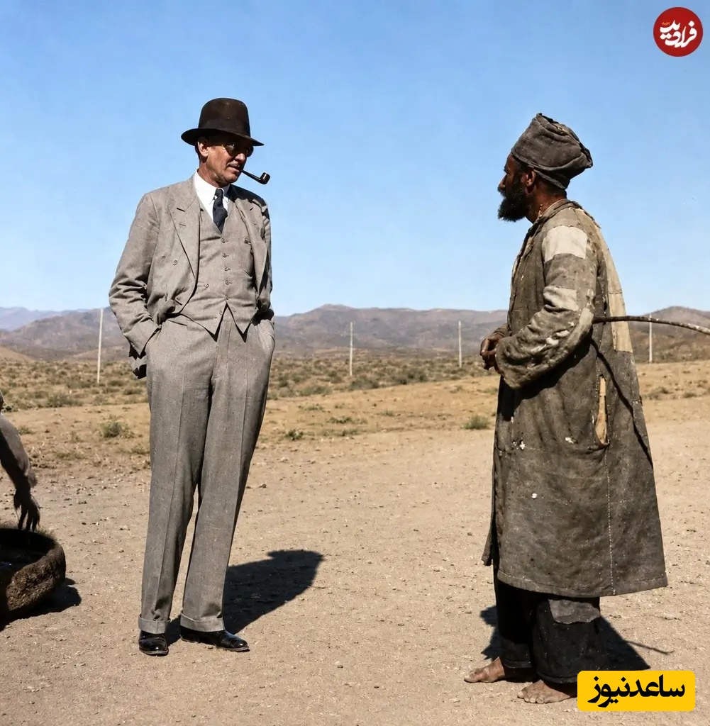 سِر ویکتور مالت دیپلمات انگلیسی در حال گفتگو با یک ایرانی فقیر در جادۀ اصفهان