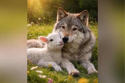 لحظه‌ای باورنکردنی دوستی گرگ و بره در قاب طبیعت / مهربانی گرگ