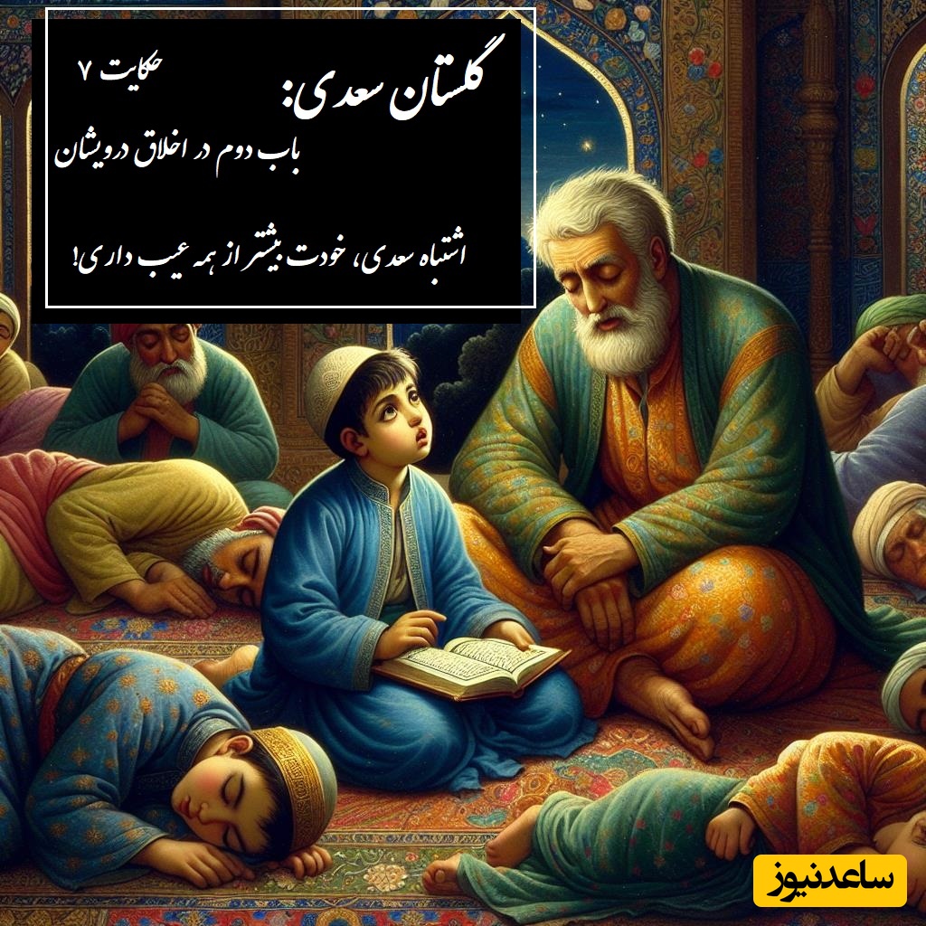 گلستان سعدی: حکایت نوجوانی و اشتباه سعدی، خودت بیشتر از همه عیب داری! / باب دوم در اخلاق درویشان حکایت شماره 7 + فایل صوتی و نسخه‌های قدیمی