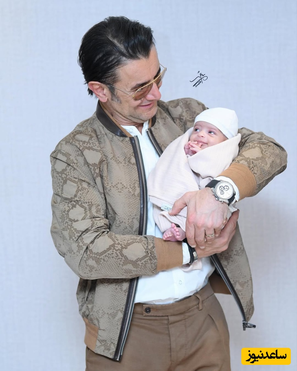 این تصاویر امین حیایی و نوزاد در بغلش از دیشب نقل محافل شده؛ جریان چیه؟+عکس