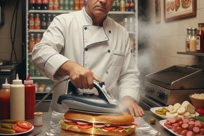 آخرالزمان صنف فست فودی؛ ابتکار عجیب ساندویچ‌فروش مخترع در آماده کردن غذای مشتریان با اتو/ ساندویچی که با ضمانتِ بدون چروک، تحویل مشتری داده میشه!😂+فیلم