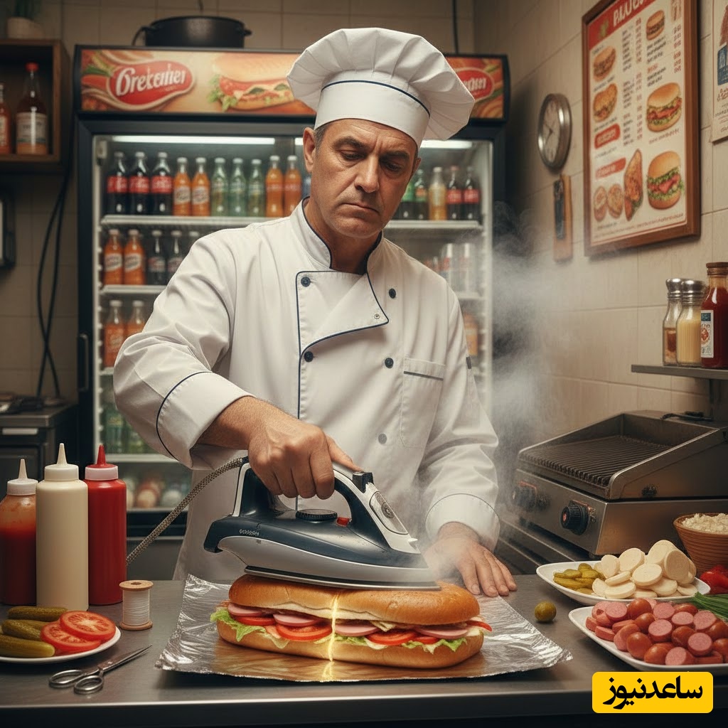 آخرالزمان صنف فست فودی؛ ابتکار عجیب ساندویچ‌فروش مخترع در آماده کردن غذای مشتریان با اتو/ ساندویچی که با ضمانتِ بدون چروک، تحویل مشتری داده میشه!😂+فیلم