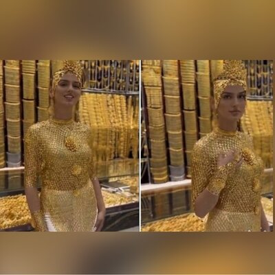 (فیلم) خودنمایی یک دختر با لباس ساخته شده از طلای خالص!
