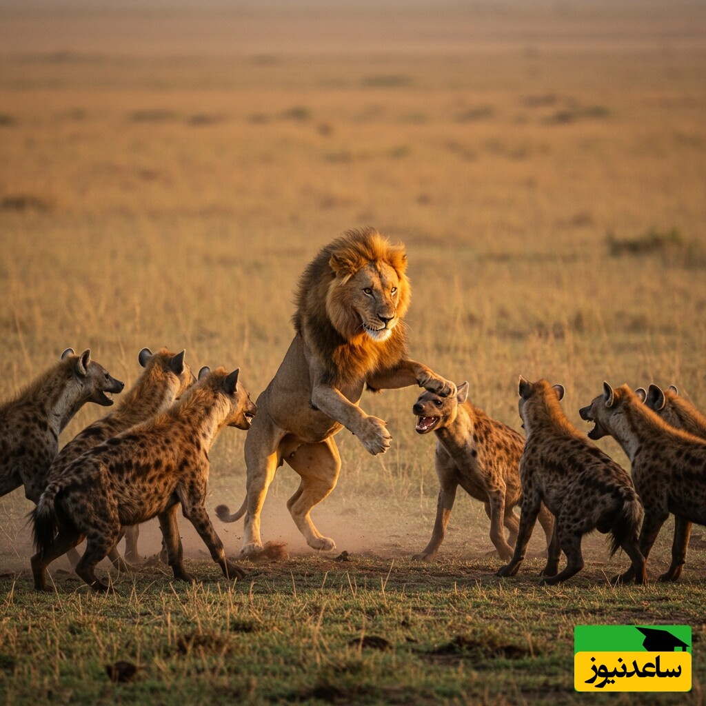 ویدئو| مستند حیات وحش؛ لحظه نفس‌گیر نجات شیر، سلطان جنگل از محاصره ده‌ها کفتار گرسنه!