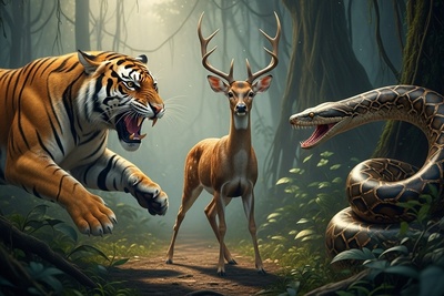 (ویدئو) مستند حیات وحش حیوانات/ آهویی که از چنگال ببر به آغوش مار پناه برد...