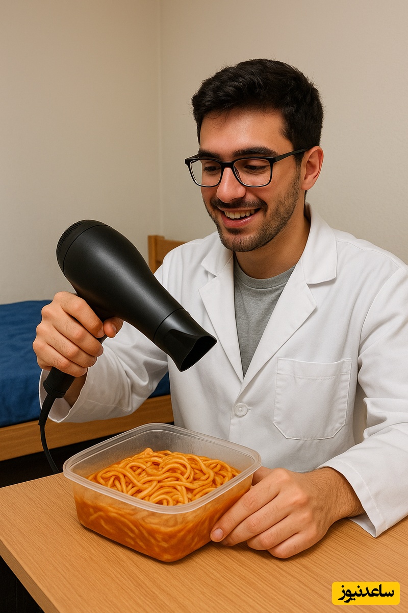 در ستایش روز دانشجو؛ خلاقیت خنده‌دار دانشجوی رشته داروسازی برای گرم کردن غذا با سشوار در خوابگاه حماسه آفرید/ امکانات 0 خلاقیت 100😂