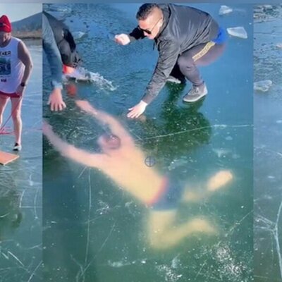 فیلم دلهره آور از گیر افتادن شناگر در زیر یخ های دریاچه!/تلاش دوستاش فقط!