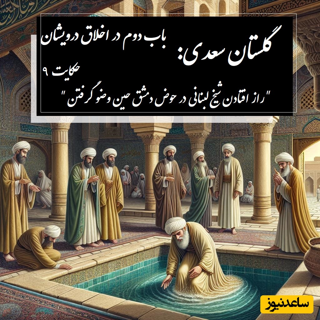 پندهای گلستان سعدی: راز افتادن شیخ لبنانی در حوض دمشق حین وضو گرفتن / باب دوم در اخلاق درویشان حکایت شماره 9 + فایل صوتی و نسخه‌های قدیمی