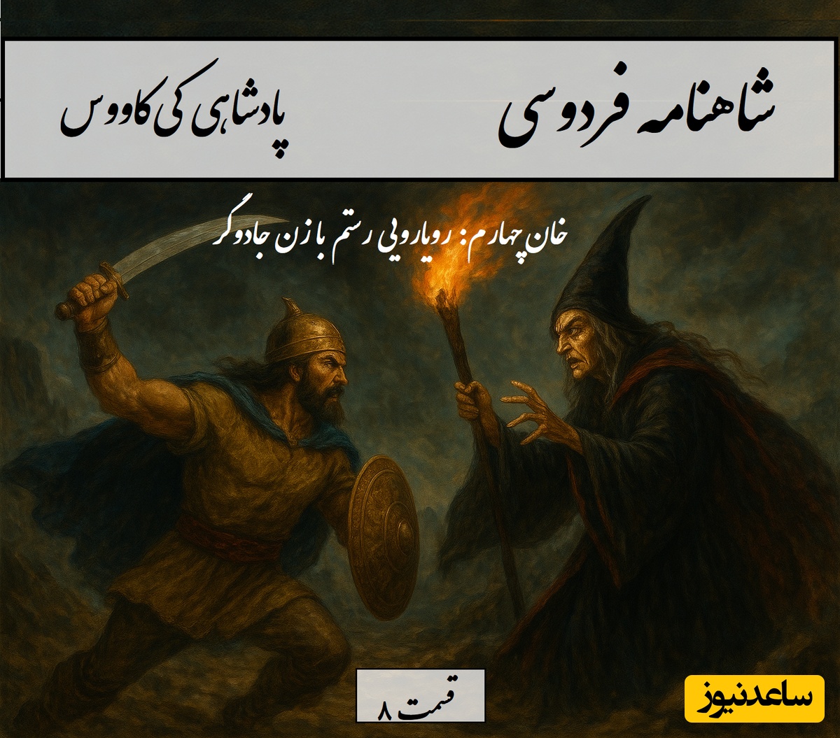 شاهنامه خوانی با ساعدنیوز، خان چهارم رستم: رویارویی رستم با زن جادوگر / پادشاهی کی‌کاووس- بخش 8؛  چو از آفرین گشت پرداخته + متن صوتی و معنی اشعار