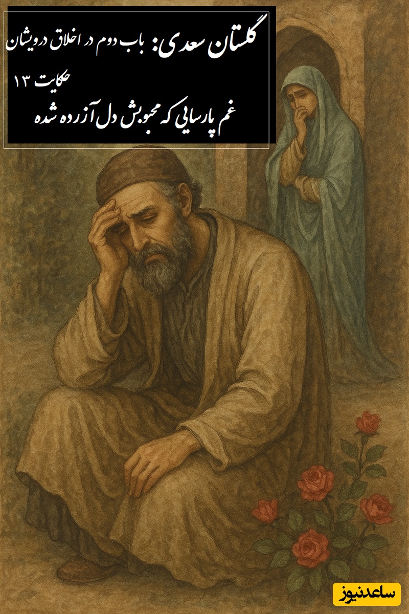 حکایت گلستان سعدی: غم پارسایی که محبوبش دل‌آزرده شده / باب دوم در اخلاق درویشان حکایت شماره 13 + فایل صوتی و نسخه‌های قدیمی
