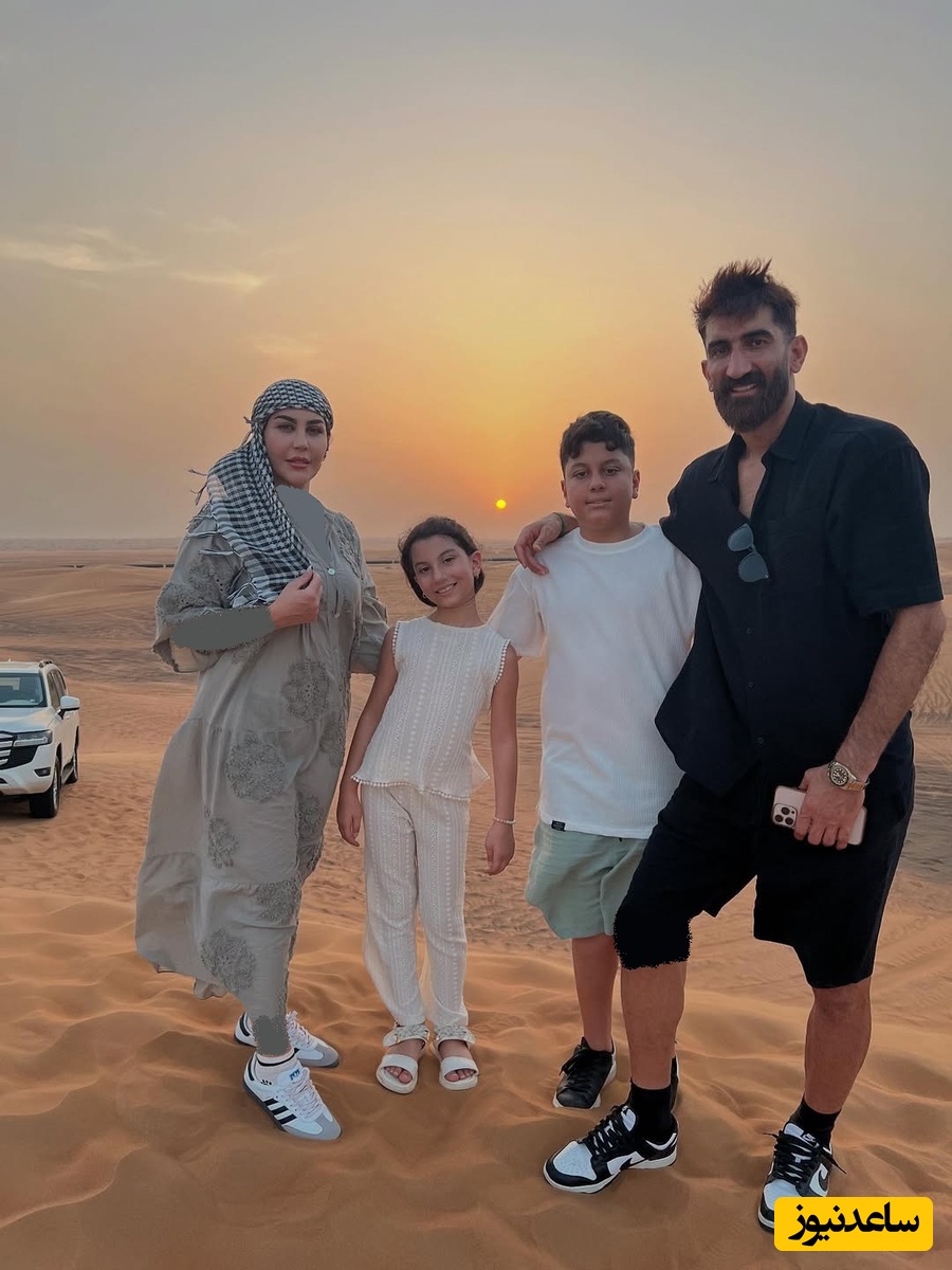 کویرگردی عاشقانه علیرضا بیرانوند همراه همسرش اکرم بانو و شازده پسر و دختر نازش/ عقاب آسیا چه ژست خفنی گرفته👌+عکس