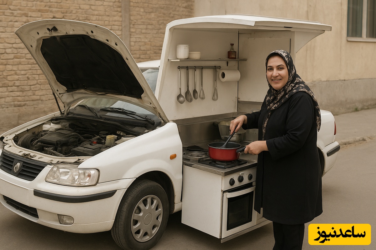 خلاقیت خانم خوش ذوق سبزواری برای تبدیل خودرو ال 90 به آشپزخانه سیار حماسه ‌آفرید، به کوچکترین فضا هم رحم نکرده / هنر نزد ایرانیان است و بس😂