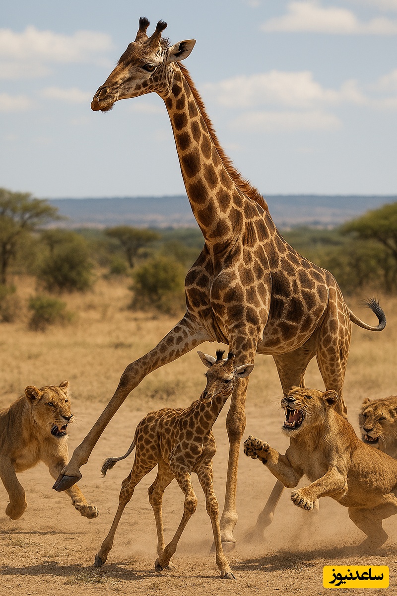 ویدئوی حیات وحش روز؛ این ماجرا: نبرد نفسگیر در سافاری؛ زرافه‌ مادری که با یک حرکت غیرمنتظره گله شیرها را فراری می‌دهد