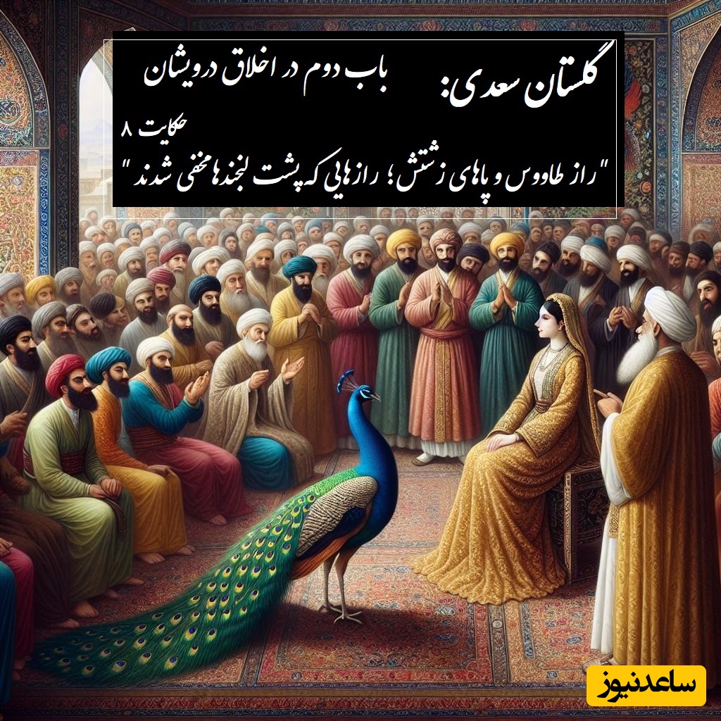 حکایات گلستان سعدی: راز طاووس و پاهای زشتش؛ رازهایی که پشت لبخندها مخفی شدند / باب دوم در اخلاق درویشان حکایت شماره 8 + فایل صوتی و نسخه‌های قدیمی