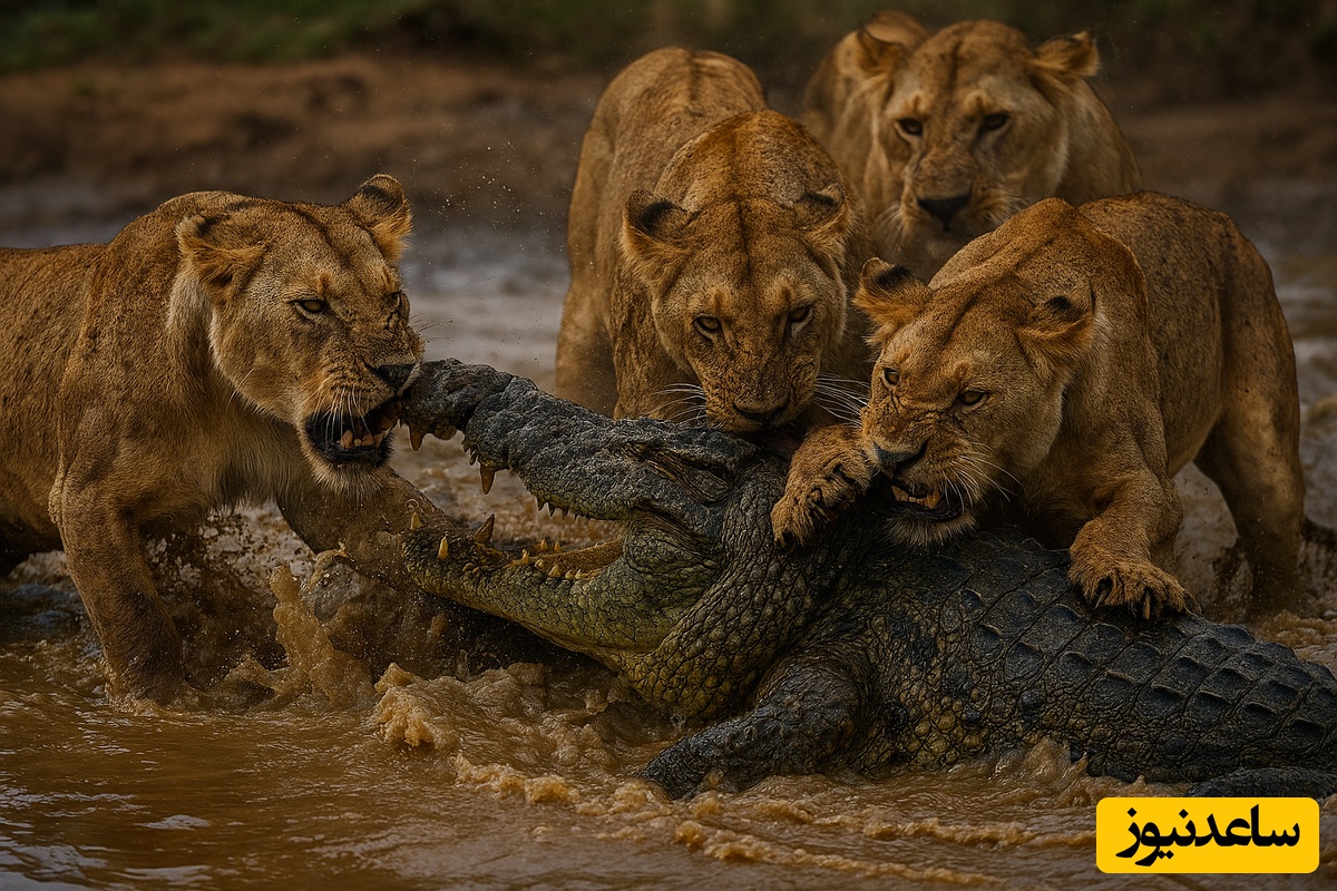 (ویدئو) جنگ پادشاهان در حیات وحش؛ لحظه هولناک تکه تکه کردن کروکودیل غول‌پیکر توسط 4 شیر گرسنه! + ویدئو