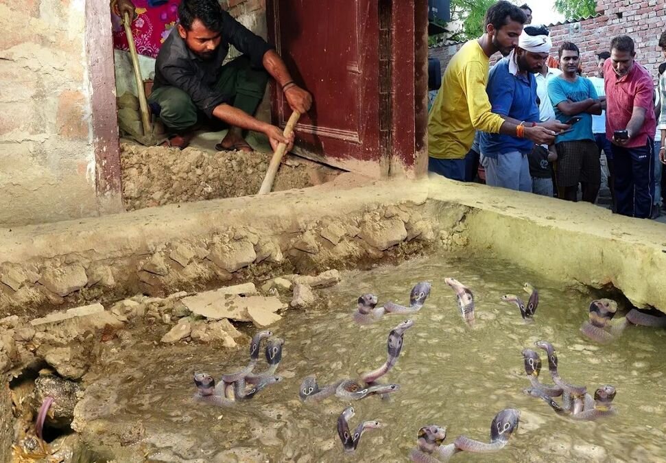(ویدئو) بیرون کشیدن مار کبرا و 9 توله اش از کف یک خانه روستایی توسط مارگیر مشهور هندی