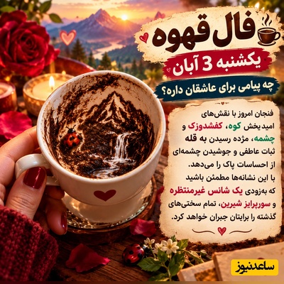 فال قهوه تصویری امروز یکشنبه 3 آبان 1405/  زنگ پایان فاصله‌ها به صدا درآمد؛ آماده یک سورپرایز بی‌نظیر در قله خوشبختی باشید!