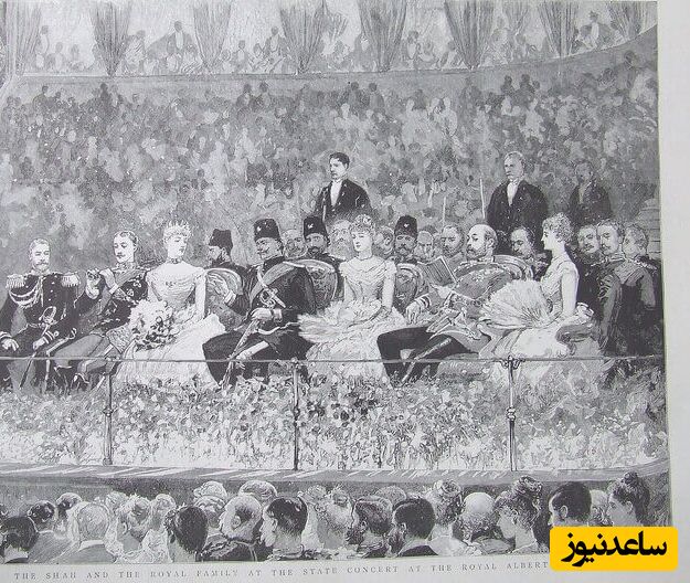 نقاشی از ناصرالدین شاه در سفر اروپایی خود در آلبرت هال لندن همراه با سلاطین بریتانیا و روسیه