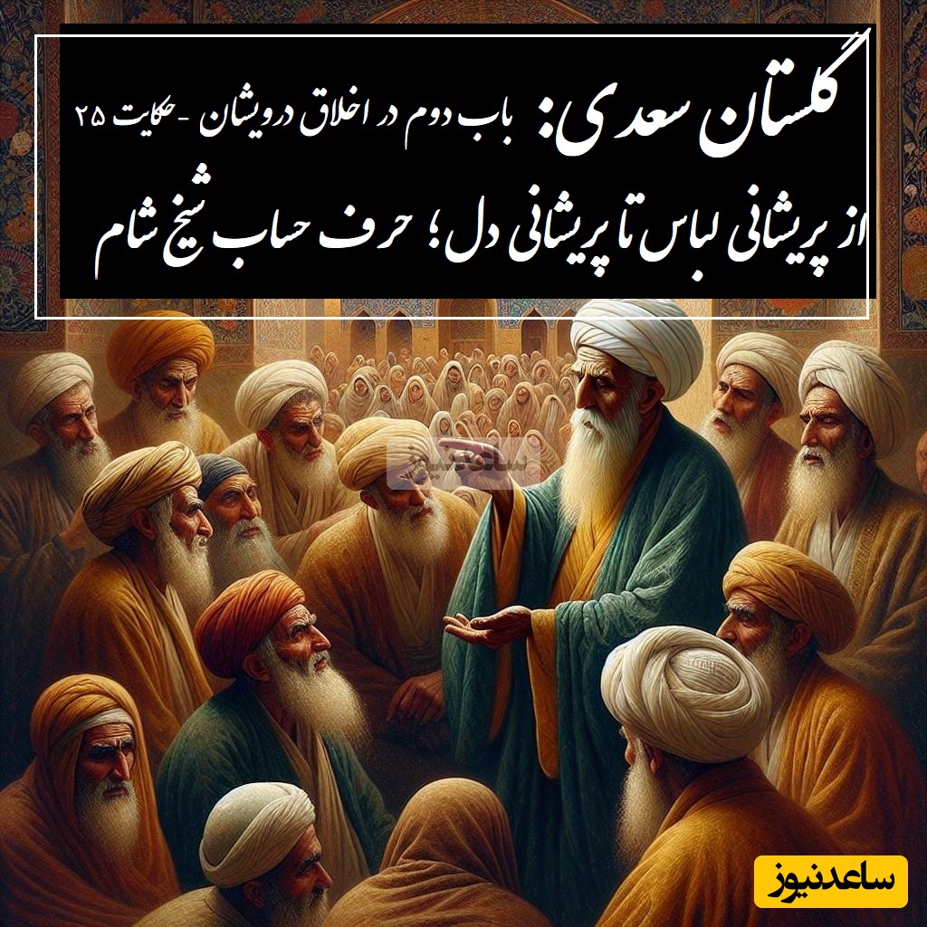 حکایت گلستان سعدی: از پریشانی لباس تا پریشانی دل؛ حرف حساب شیخ شام / باب دوم در اخلاق درویشان حکایت شماره 25 + فایل صوتی و نسخه‌های قدیمی