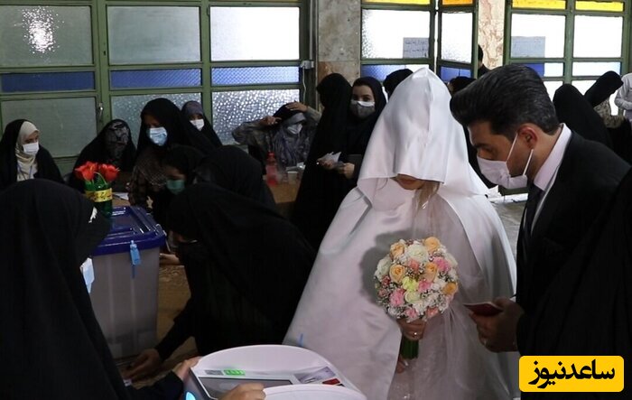 (عکس) حضور جالب زن جوان ایرانی با شنیون مجلسی و لباس عروس پرنسسی پای صندوق های رای/ با تاج و دسته گل از زابل تا سقز