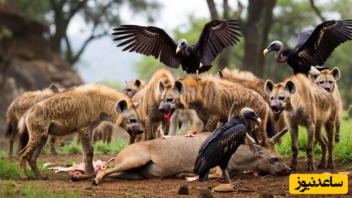 ویدئوی حیات وحش روز؛ این ماجرای راز بقا: جشن خونین کفتار و کرکس بر سر جسد گوزن