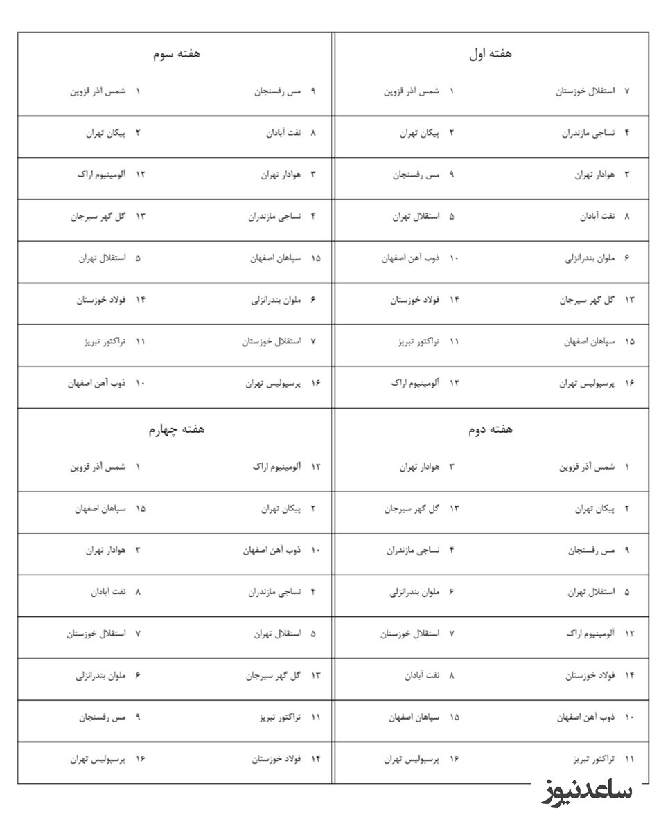 برنامه هفته های اول تا چهارم لیگ برتر