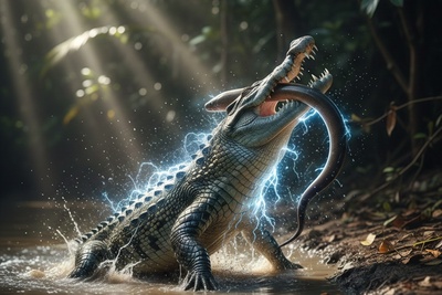 ببینید | حیات وحش؛ نبرد خونین مارماهی با تمساح مهاجم / تمساح فکرشم نمی‌کرد اینطوری غافلگیر بشه ...