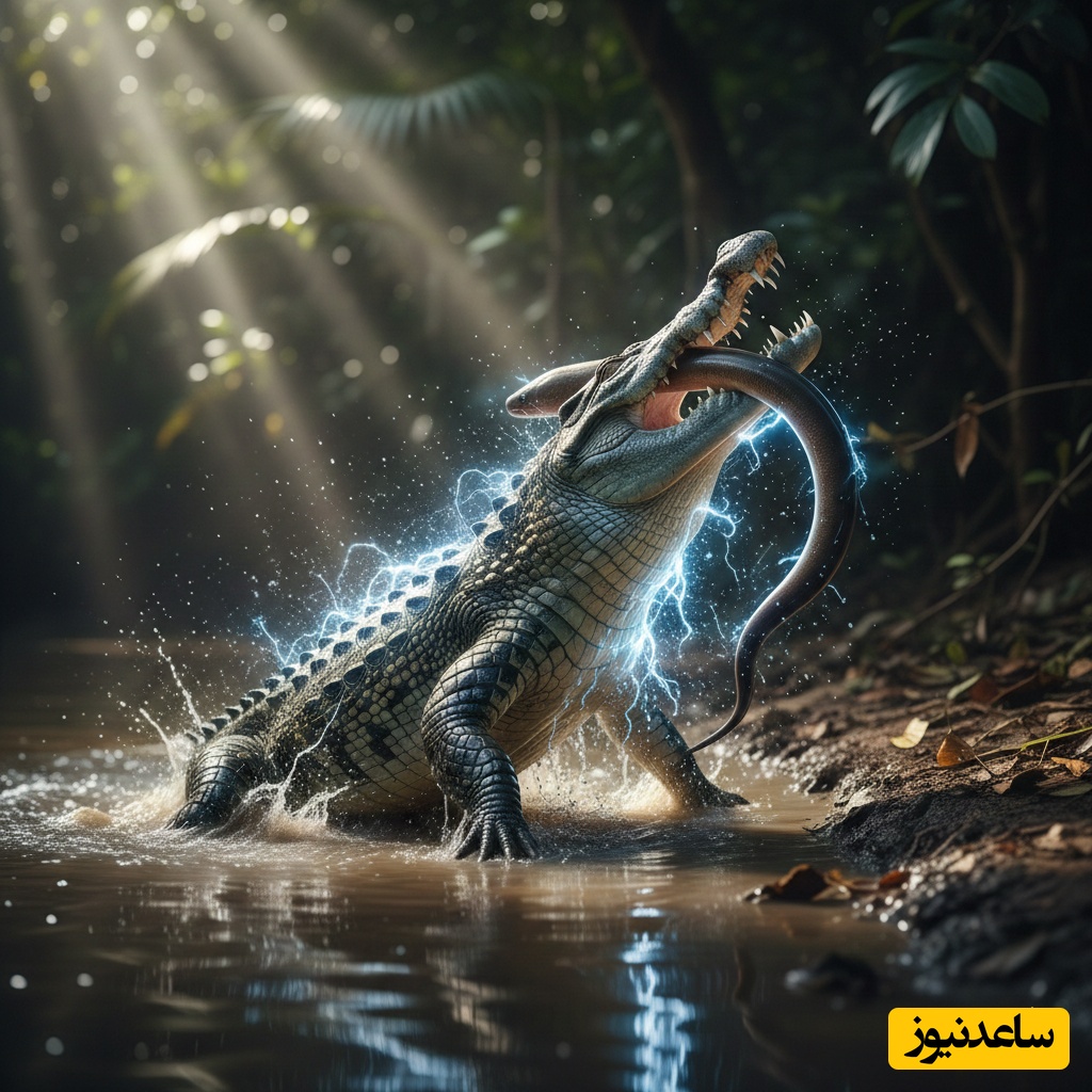 ببینید | حیات وحش؛ نبرد خونین مارماهی با تمساح مهاجم / تمساح فکرشم نمی‌کرد اینطوری غافلگیر بشه ...