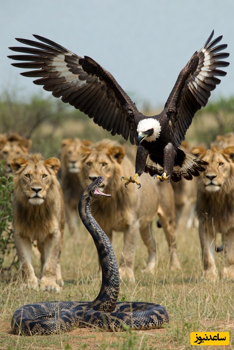 (ویدئو) نادرترین صحنه حیات وحش آفریقا: مثلث مرگ عقاب، مار و شیر