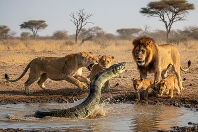 (ویدیو) حیات وحش؛ مبارزه مرگ و زندگی شیر با آناکوندای غول پیکر 😨